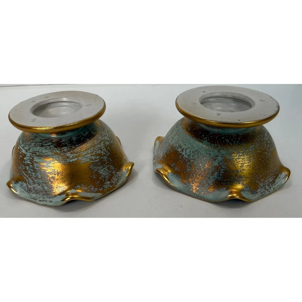 Vtg Stangl Pottery Taper Candle Holders Pair #5069 22K Antique Gold Ruffled MCM